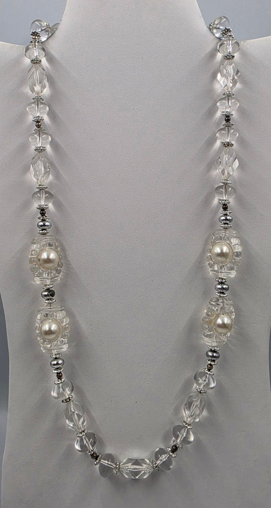 25" Clear Lucite Bead/Faux Pearl/Silver Necklace