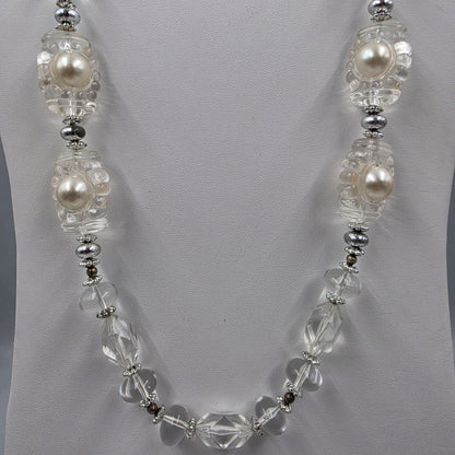 25" Clear Lucite Bead/Faux Pearl/Silver Necklace