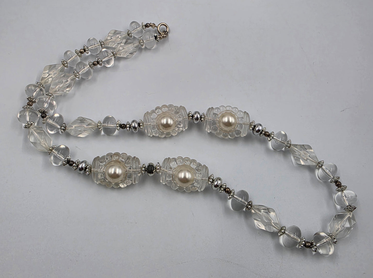 25" Clear Lucite Bead/Faux Pearl/Silver Necklace