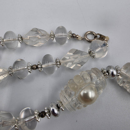 25" Clear Lucite Bead/Faux Pearl/Silver Necklace
