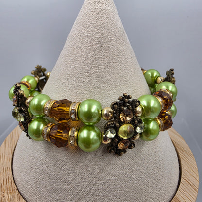 8" Green/Clear/Amber Glass Beaded Bracelet