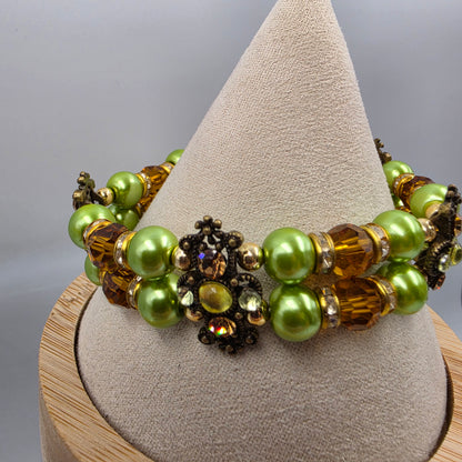 8" Green/Clear/Amber Glass Beaded Bracelet