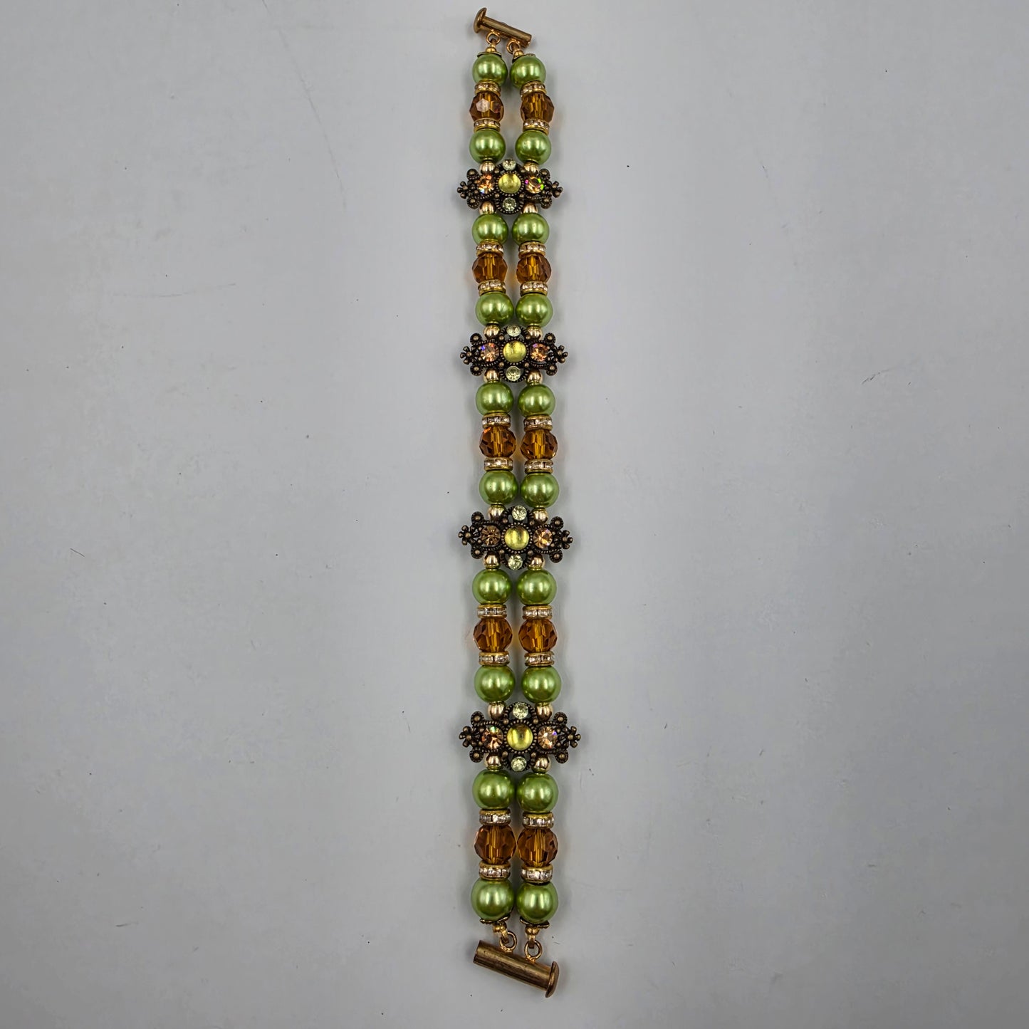8" Green/Clear/Amber Glass Beaded Bracelet