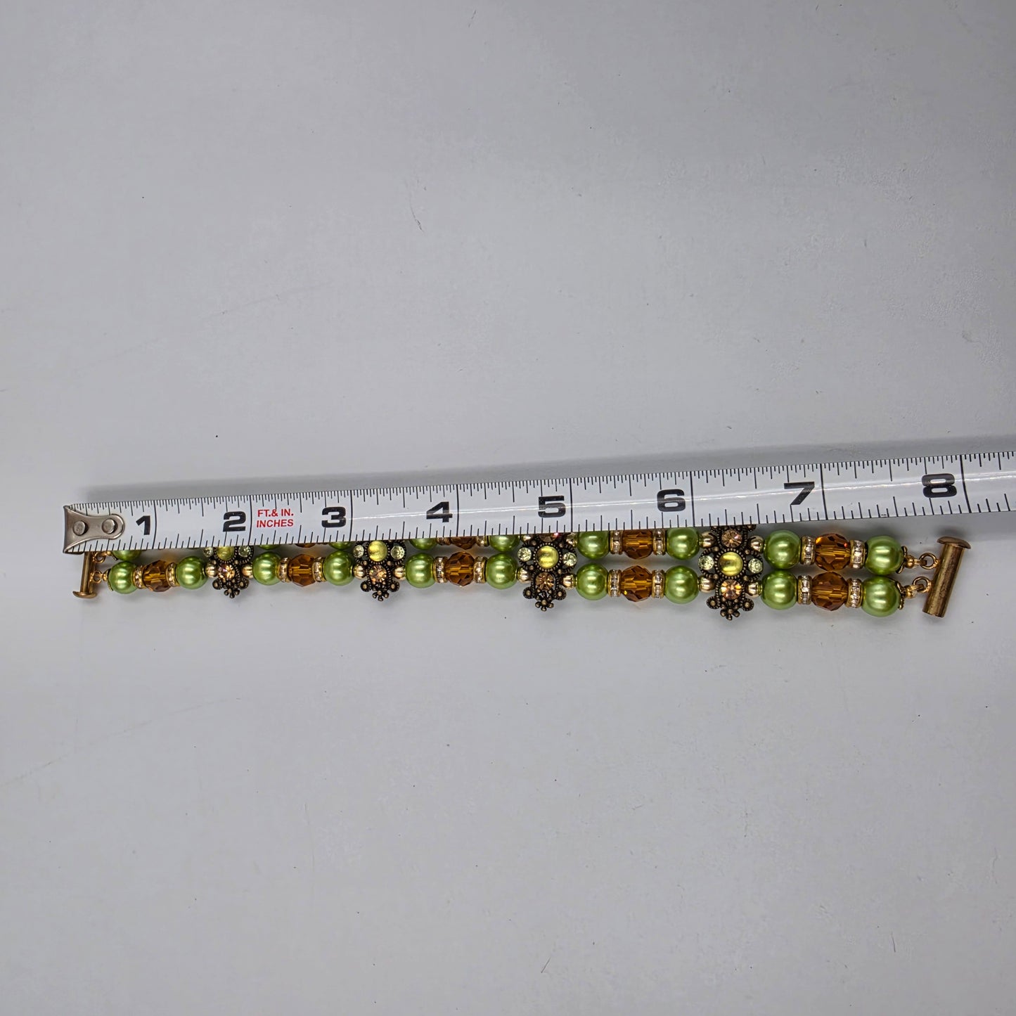 8" Green/Clear/Amber Glass Beaded Bracelet