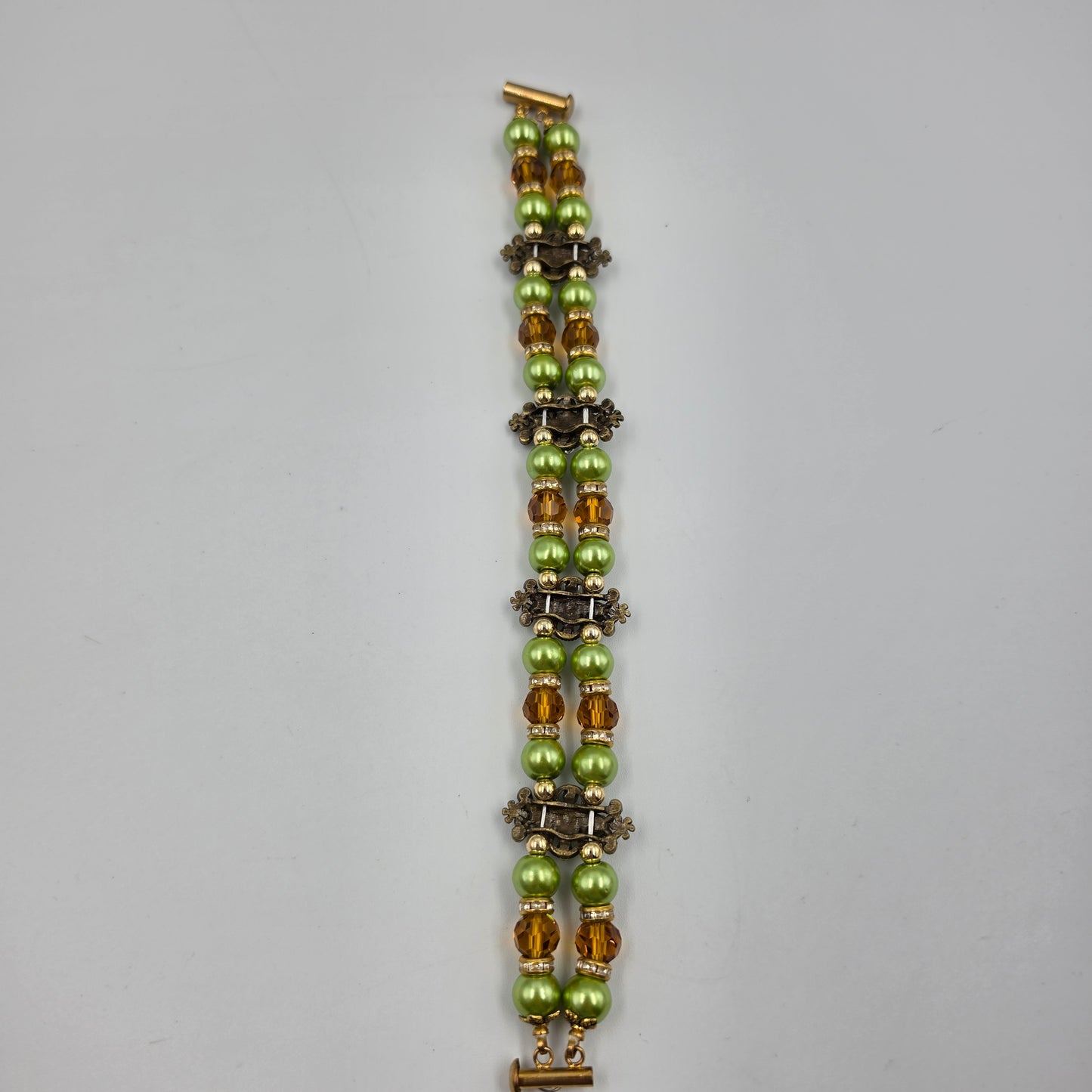 8" Green/Clear/Amber Glass Beaded Bracelet