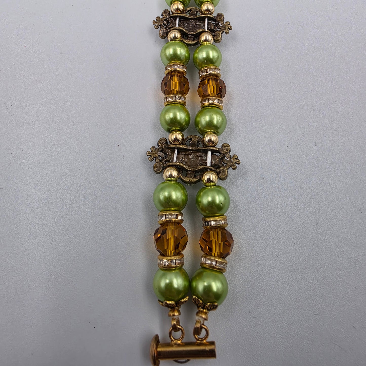 8" Green/Clear/Amber Glass Beaded Bracelet
