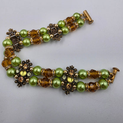 8" Green/Clear/Amber Glass Beaded Bracelet