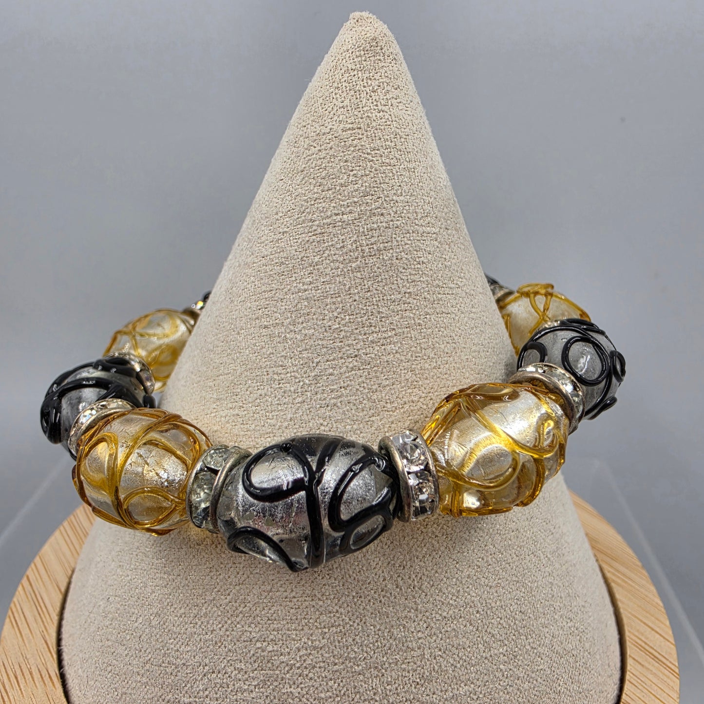 Hand Crafted Yellow/Gray Art Glass Bead Stretch Bracelet
