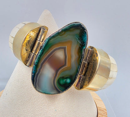 BOUGAINVILLEA  6.75" Water Buffalo Bone/Agate/Gold Tone White Metal Cuff Bracelet