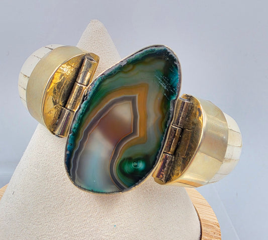 BOUGAINVILLEA  6.75" Water Buffalo Bone/Agate/Gold Tone White Metal Cuff Bracelet