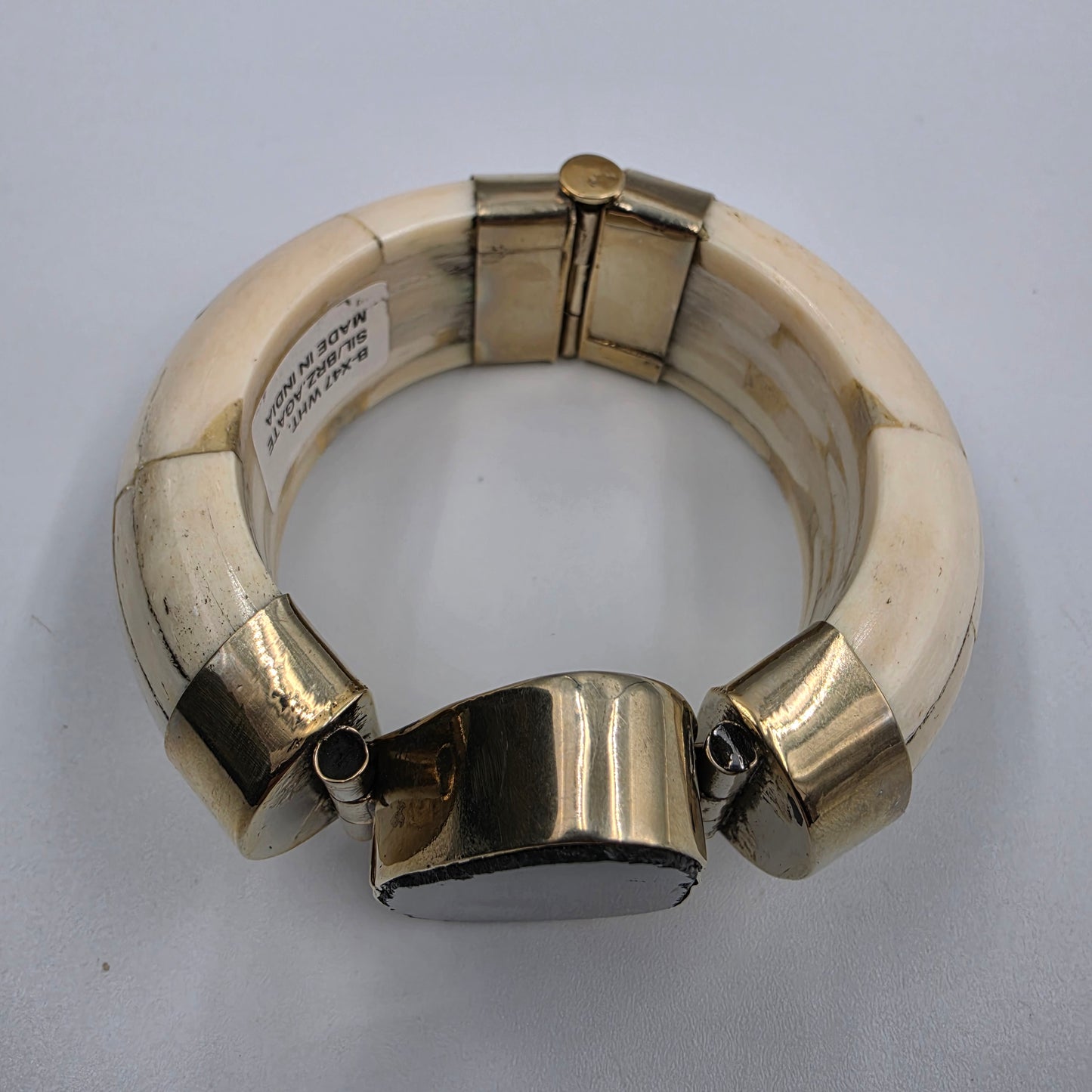 BOUGAINVILLEA  6.75" Water Buffalo Bone/Agate/Gold Tone White Metal Cuff Bracelet