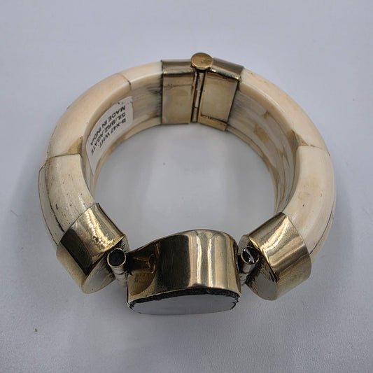 BOUGAINVILLEA  6.75" Water Buffalo Bone/Agate/Gold Tone White Metal Cuff Bracelet