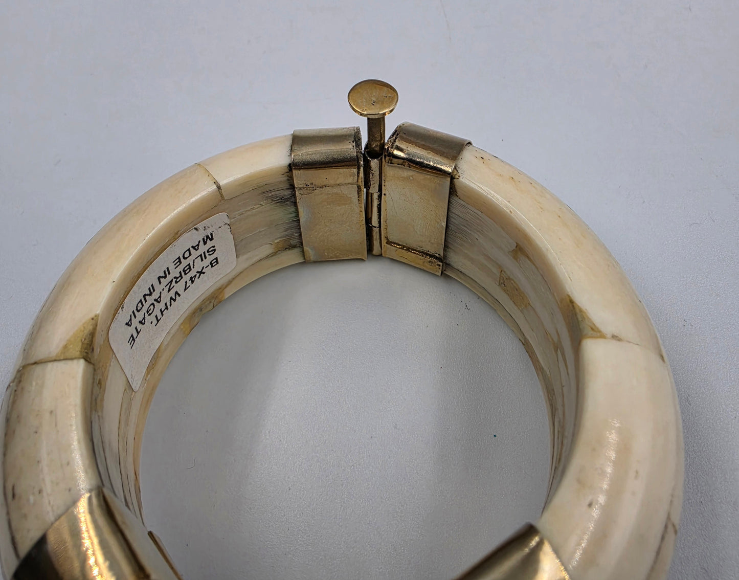 BOUGAINVILLEA  6.75" Water Buffalo Bone/Agate/Gold Tone White Metal Cuff Bracelet