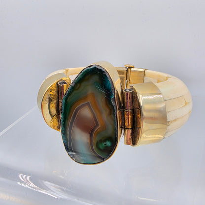 BOUGAINVILLEA  6.75" Water Buffalo Bone/Agate/Gold Tone White Metal Cuff Bracelet