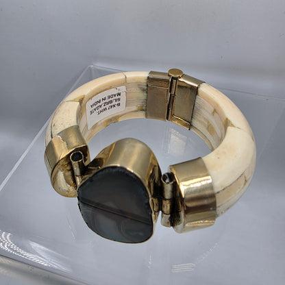BOUGAINVILLEA  6.75" Water Buffalo Bone/Agate/Gold Tone White Metal Cuff Bracelet
