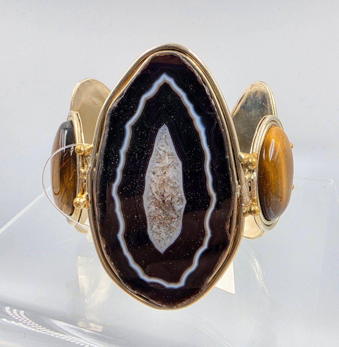 DAVID JEFFERY 7" Black Banded Brazilian Agate/Tigers Eye/ Gold Tone White Metal Cuff Bracelet