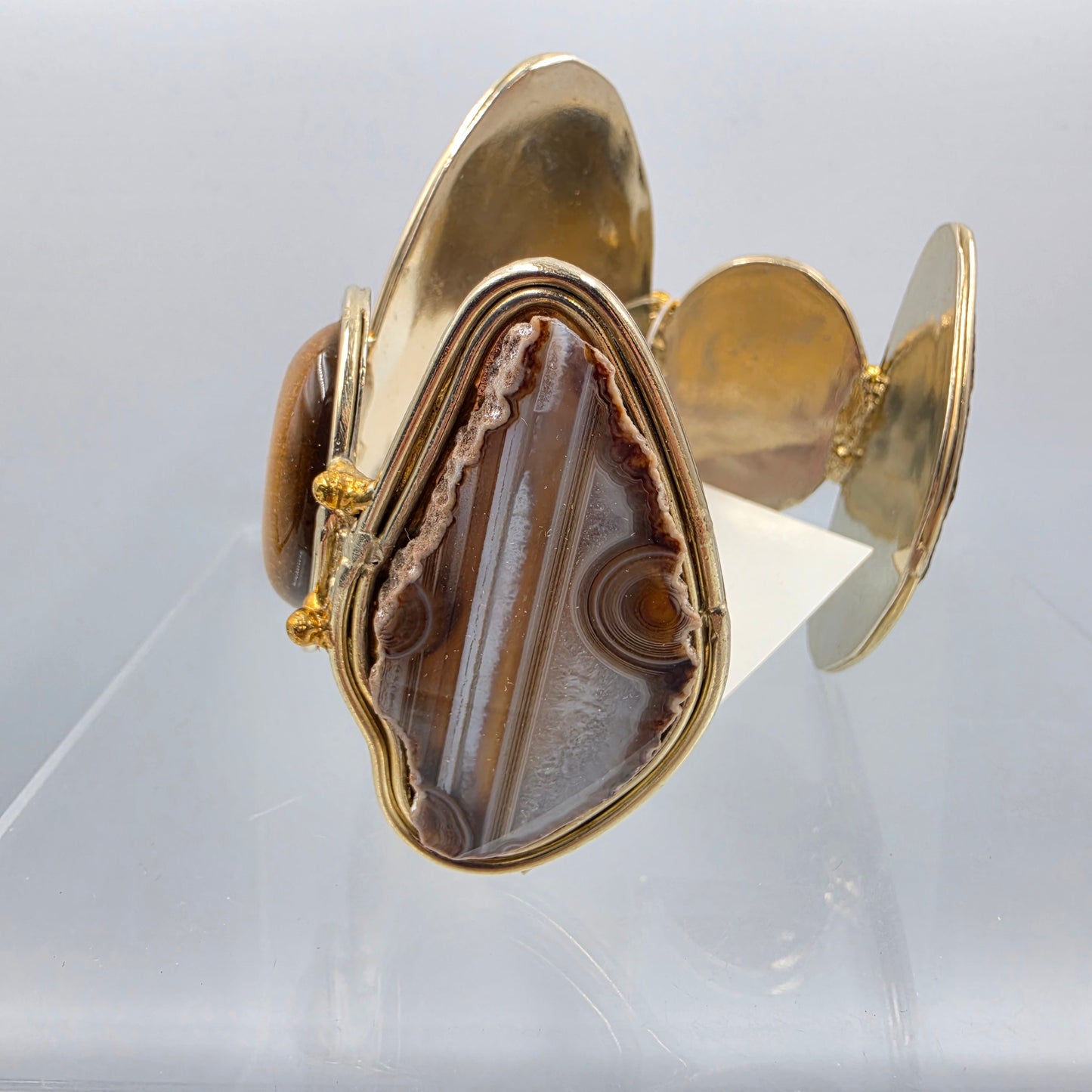 DAVID JEFFERY 7" Black Banded Brazilian Agate/Tigers Eye/ Gold Tone White Metal Cuff Bracelet