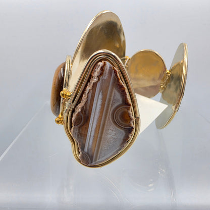 DAVID JEFFERY 7" Black Banded Brazilian Agate/Tigers Eye/ Gold Tone White Metal Cuff Bracelet
