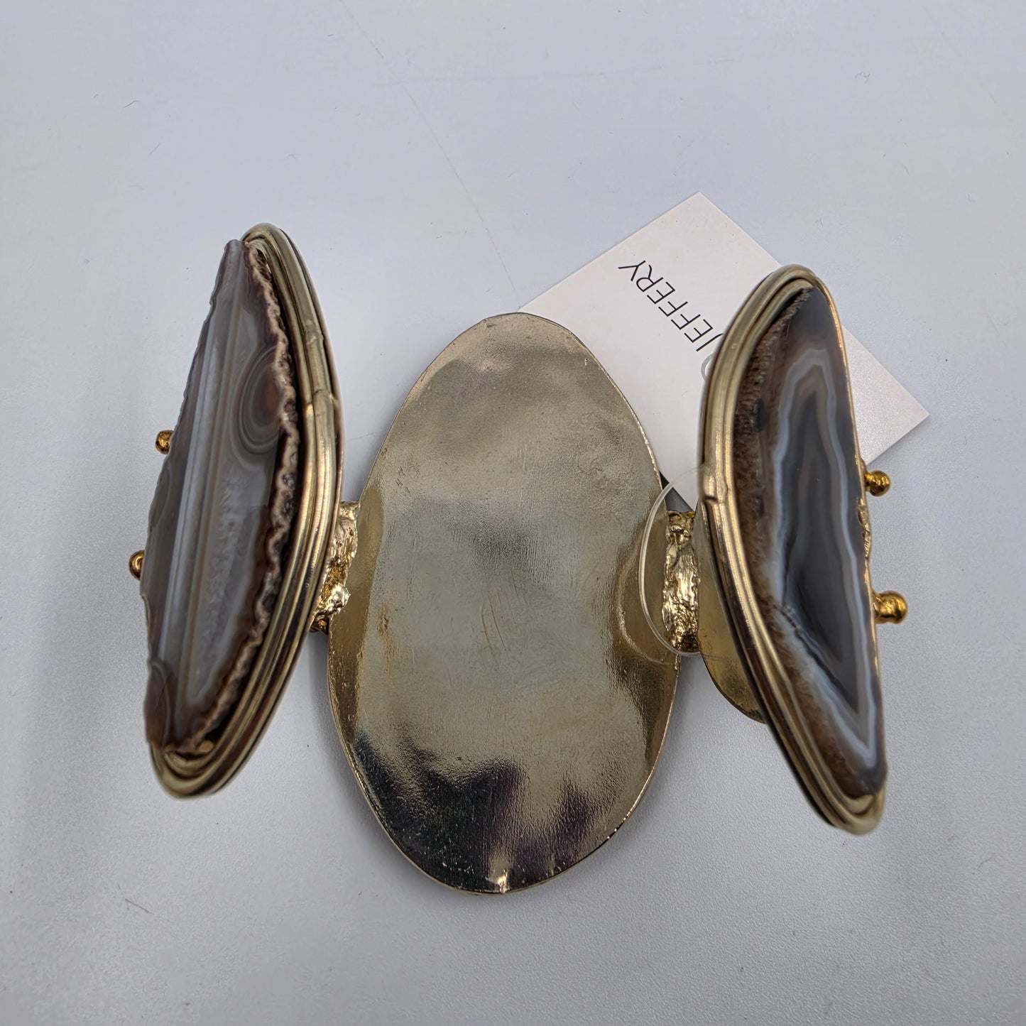 DAVID JEFFERY 7" Black Banded Brazilian Agate/Tigers Eye/ Gold Tone White Metal Cuff Bracelet