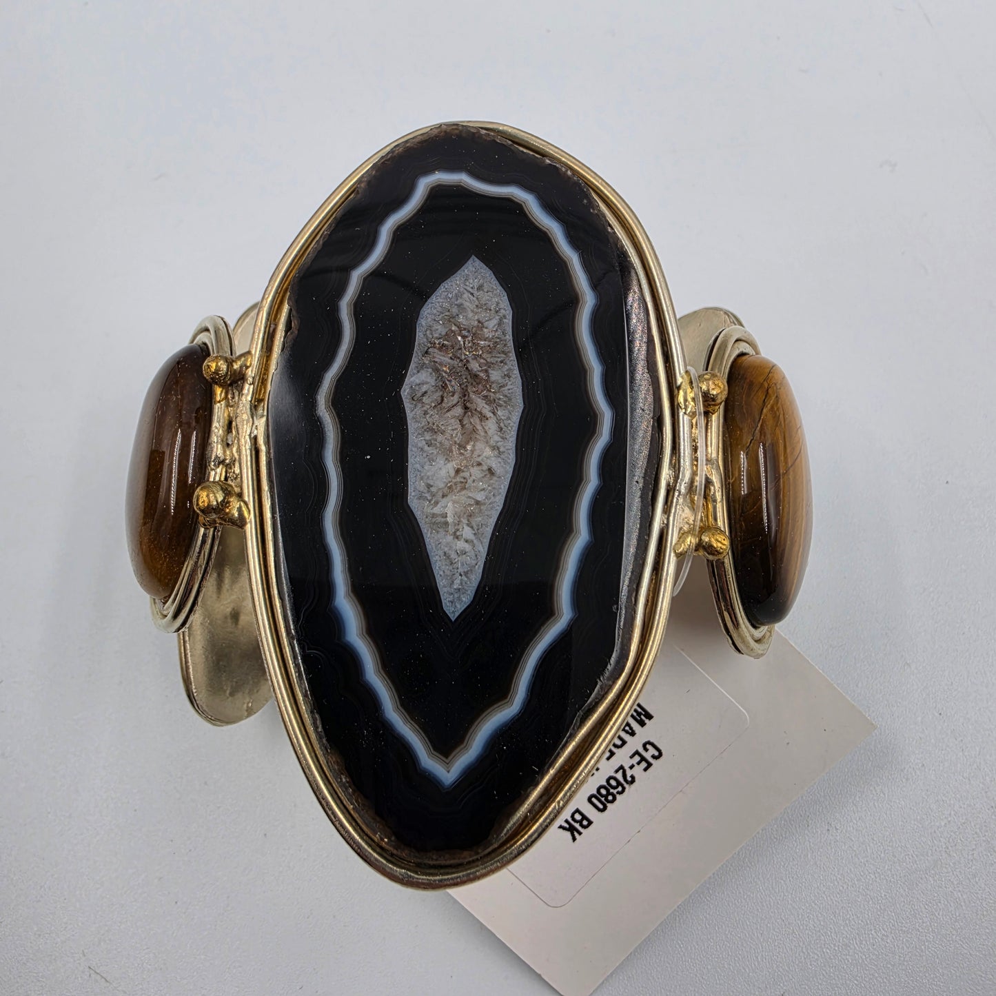 DAVID JEFFERY 7" Black Banded Brazilian Agate/Tigers Eye/ Gold Tone White Metal Cuff Bracelet