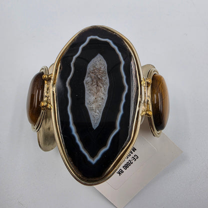DAVID JEFFERY 7" Black Banded Brazilian Agate/Tigers Eye/ Gold Tone White Metal Cuff Bracelet