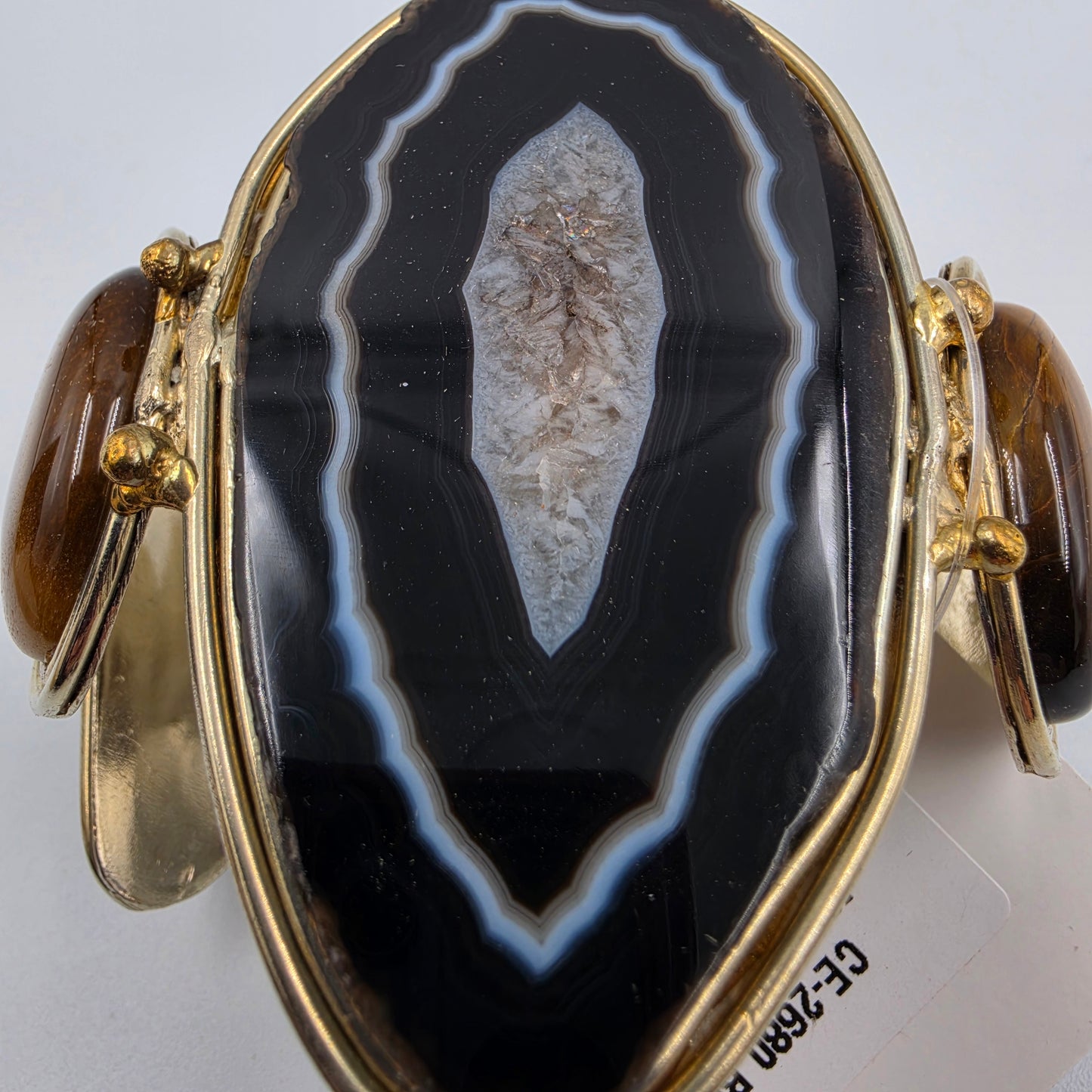 DAVID JEFFERY 7" Black Banded Brazilian Agate/Tigers Eye/ Gold Tone White Metal Cuff Bracelet