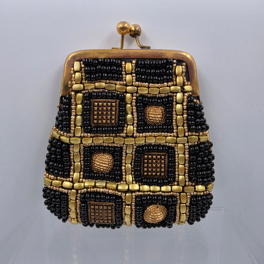BOUGAINVILLEA  Vintage Black/Gold Beaded Coin Purse With Extra Beads