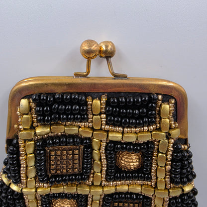 BOUGAINVILLEA  Vintage Black/Gold Beaded Coin Purse With Extra Beads