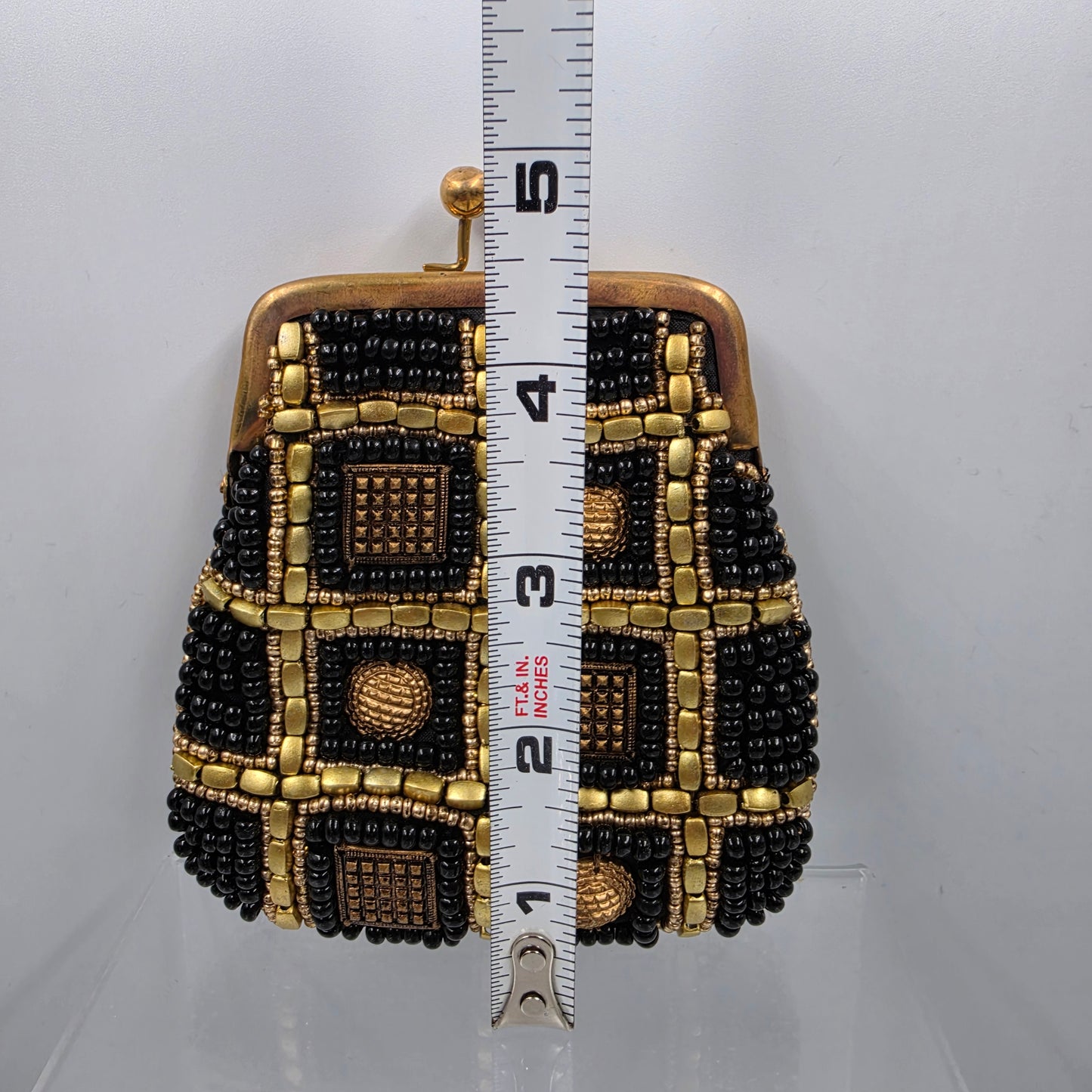 BOUGAINVILLEA  Vintage Black/Gold Beaded Coin Purse With Extra Beads