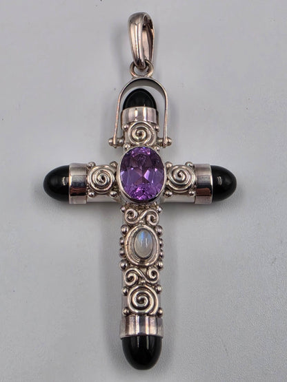 SAJEN Sterling Silver/Amethyst/Onyx Filagree Pendant