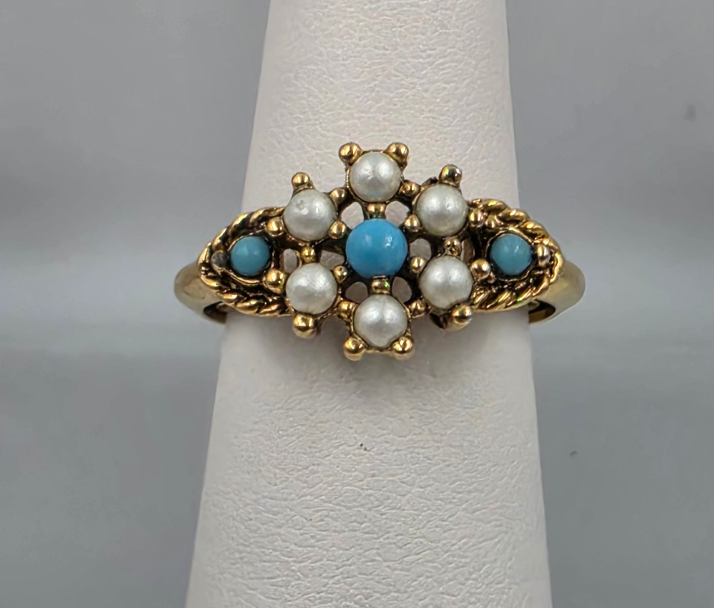 AVON Gold Tone/ Faux Turquoise/Pearl Adjustable Ring Size 5-7
