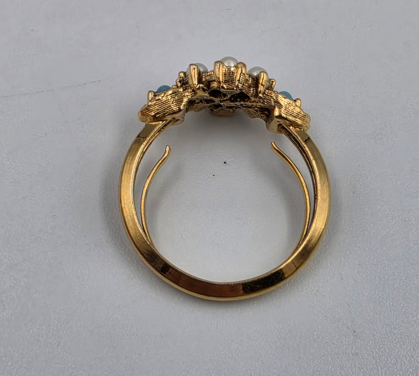 AVON Gold Tone/ Faux Turquoise/Pearl Adjustable Ring Size 5-7