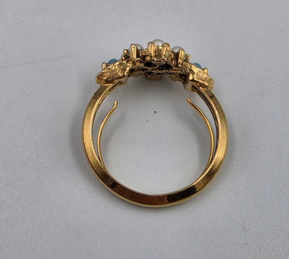 AVON Gold Tone/ Faux Turquoise/Pearl Adjustable Ring Size 5-7