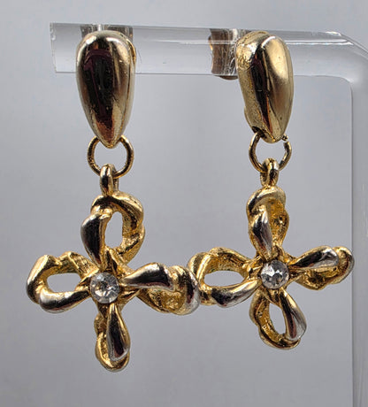 Two Tone Gold Tone/Clear Rhinestone Floral Earrings
