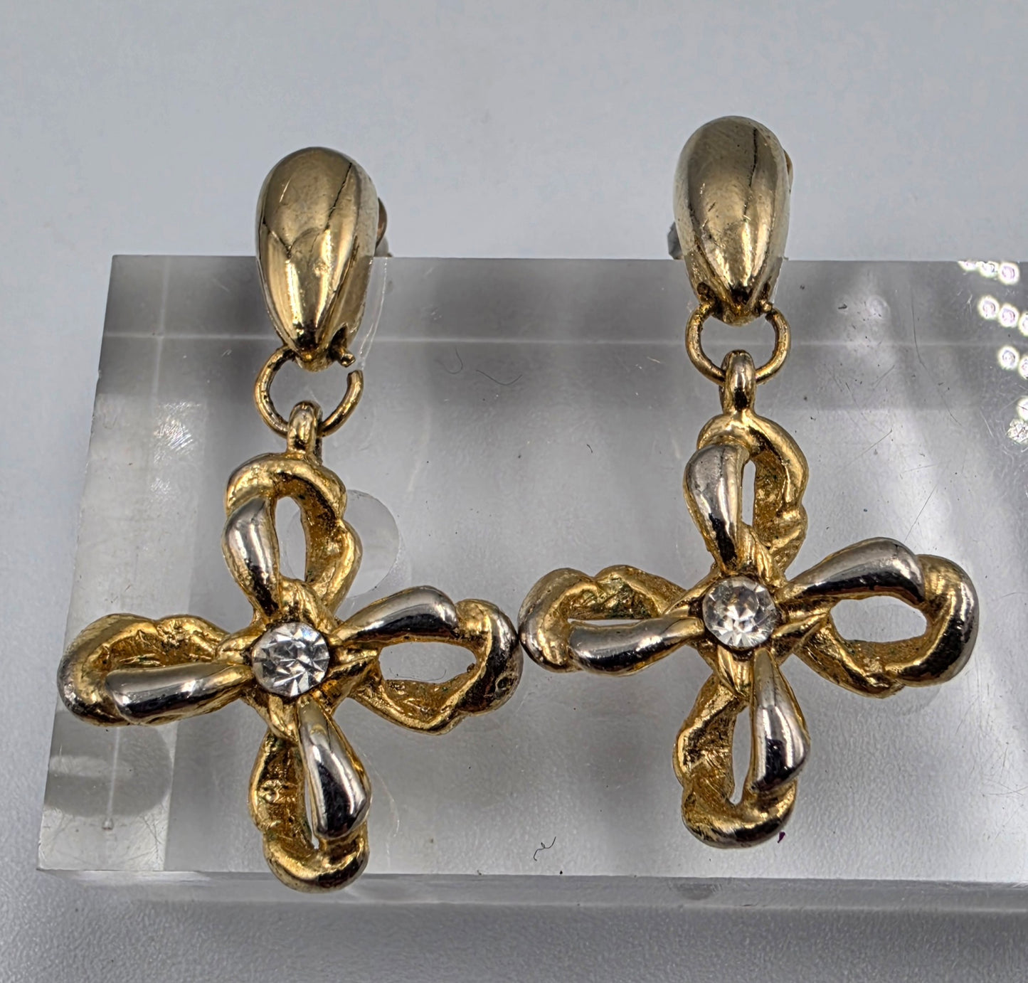 Two Tone Gold Tone/Clear Rhinestone Floral Earrings