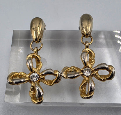 Two Tone Gold Tone/Clear Rhinestone Floral Earrings
