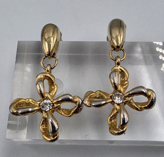 Two Tone Gold Tone/Clear Rhinestone Floral Earrings