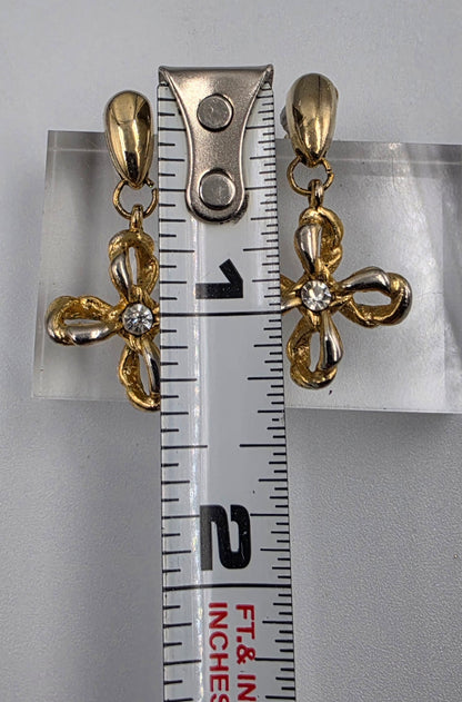 Two Tone Gold Tone/Clear Rhinestone Floral Earrings