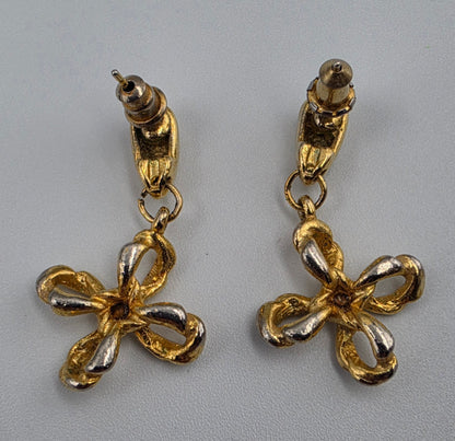 Two Tone Gold Tone/Clear Rhinestone Floral Earrings