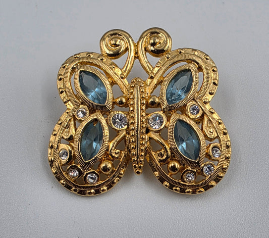 DANECRAFT  Vintage Gold Tone Filagree/ Blue Glass Rhinestone Brooch