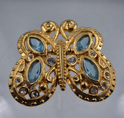 DANECRAFT  Vintage Gold Tone Filagree/ Blue Glass Rhinestone Brooch