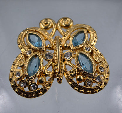DANECRAFT  Vintage Gold Tone Filagree/ Blue Glass Rhinestone Brooch