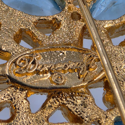 DANECRAFT  Vintage Gold Tone Filagree/ Blue Glass Rhinestone Brooch