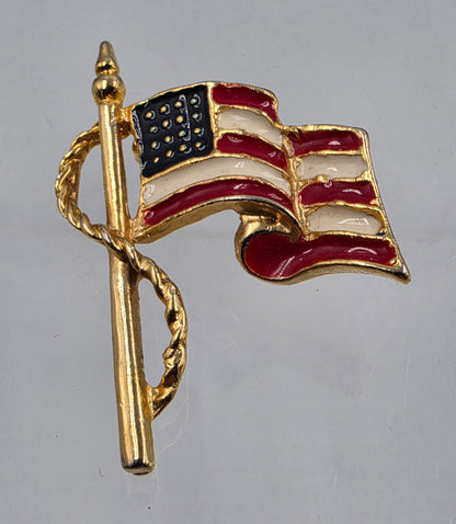 Red, White and Blue Enamel Inlaid Gold Tone Waving Flag Brooch