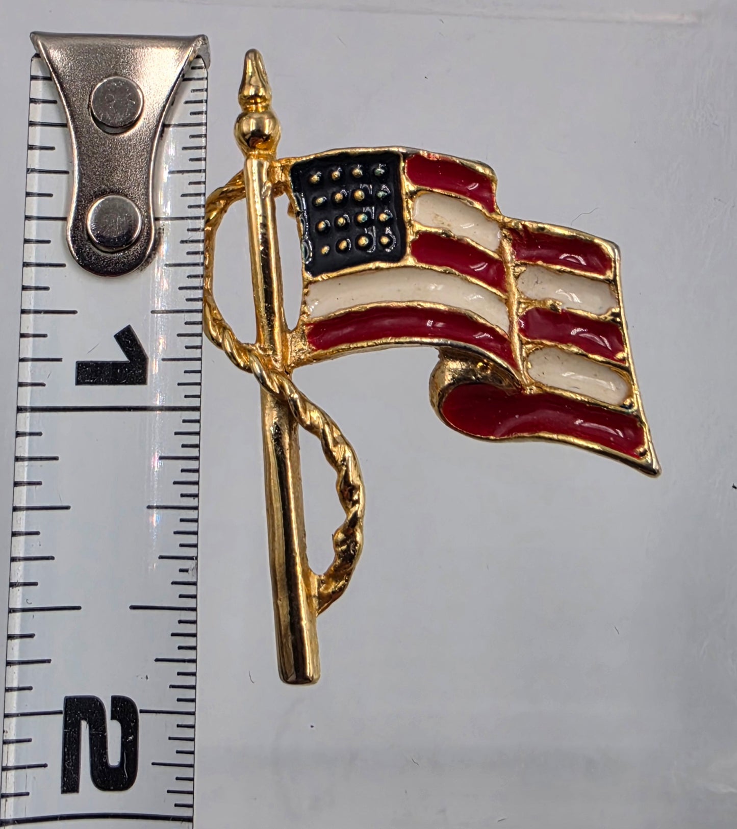 Red, White and Blue Enamel Inlaid Gold Tone Waving Flag Brooch