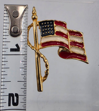 Red, White and Blue Enamel Inlaid Gold Tone Waving Flag Brooch