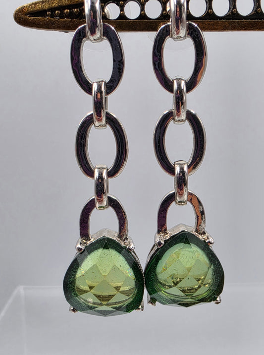 ANNE KLEIN Vintage Green Glass Rhinestone/ Silver Tone Dangle Earrings