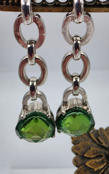 ANNE KLEIN Vintage Green Glass Rhinestone/ Silver Tone Dangle Earrings
