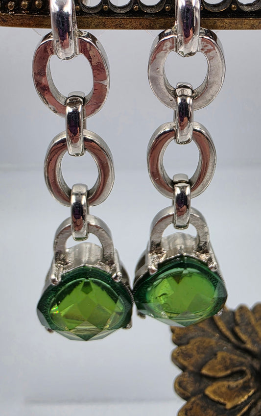 ANNE KLEIN Vintage Green Glass Rhinestone/ Silver Tone Dangle Earrings