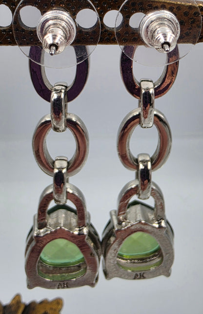 ANNE KLEIN Vintage Green Glass Rhinestone/ Silver Tone Dangle Earrings